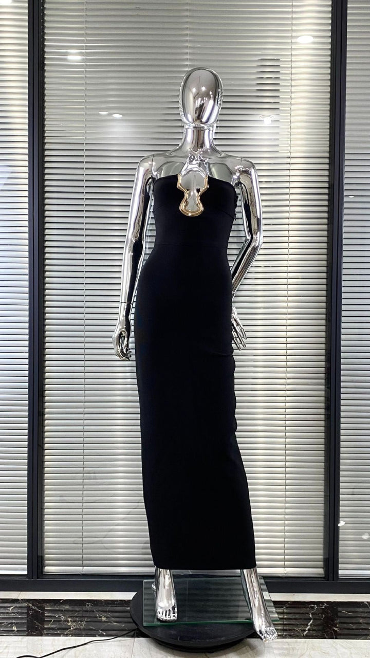 Elegant Maxi Strapless Dress with Shaping Fabric and Buckle Design - ORINA