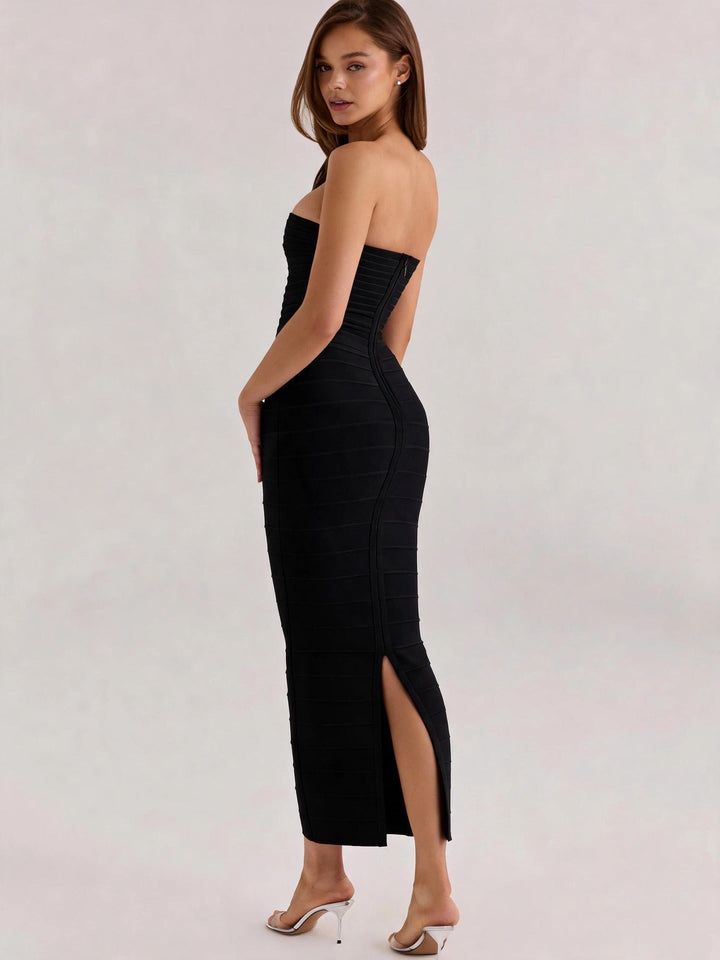 Gina - Strapless midi dress in shiny shaping fabric