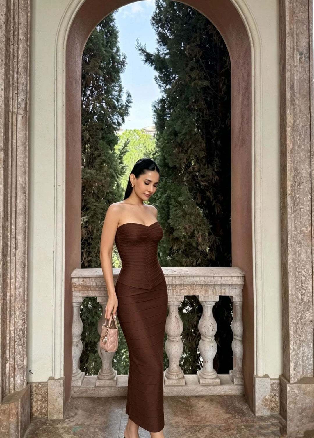 Gina - Strapless midi dress in shiny shaping fabric