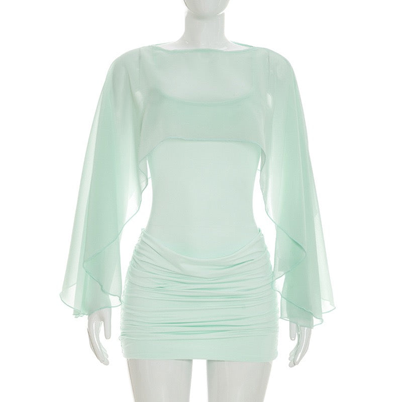 Ruched mini dress with chiffon overlay embellishments – Lily