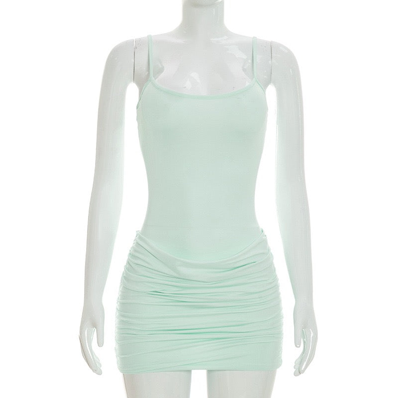 Ruched mini dress with chiffon overlay embellishments – Lily