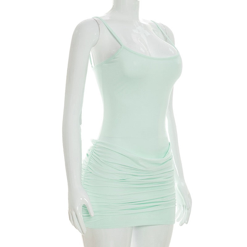Ruched mini dress with chiffon overlay embellishments – Lily