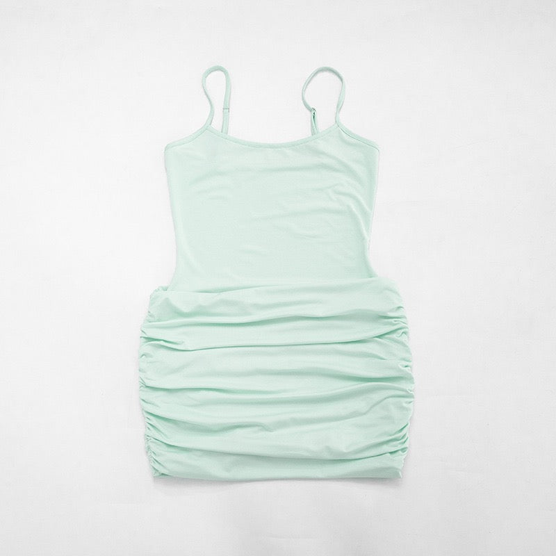 Ruched mini dress with chiffon overlay embellishments – Lily