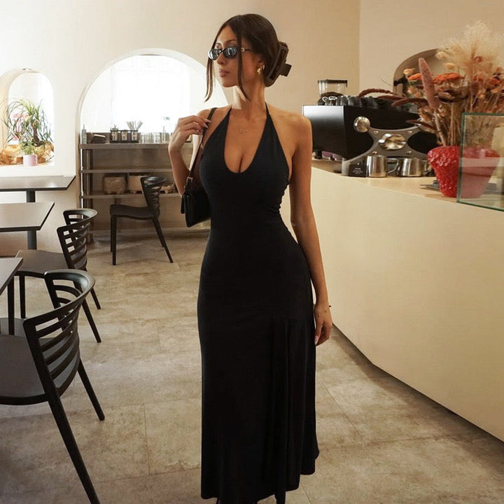 Genia - Midi dress with a halter tie and open back