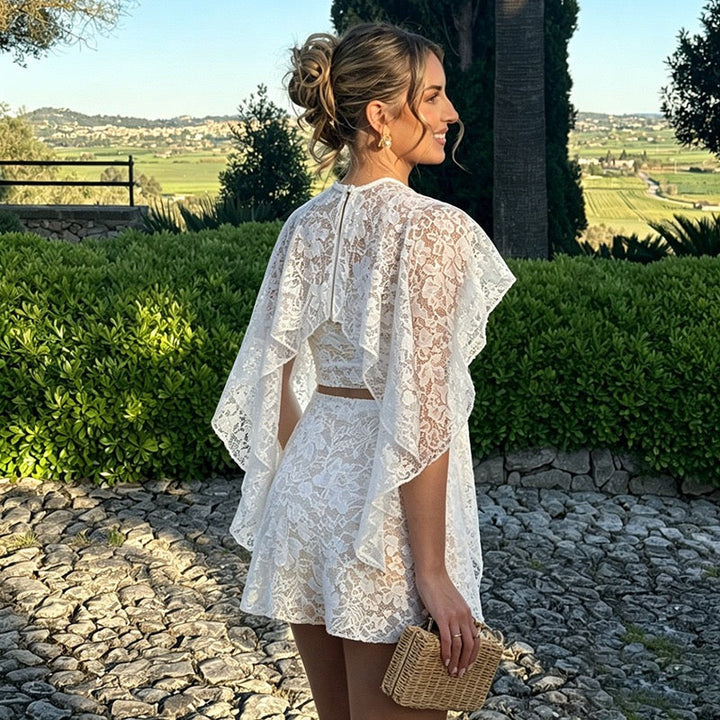 Two-piece set with a strapless top and lace mini skirt with a cover-up – Shaina