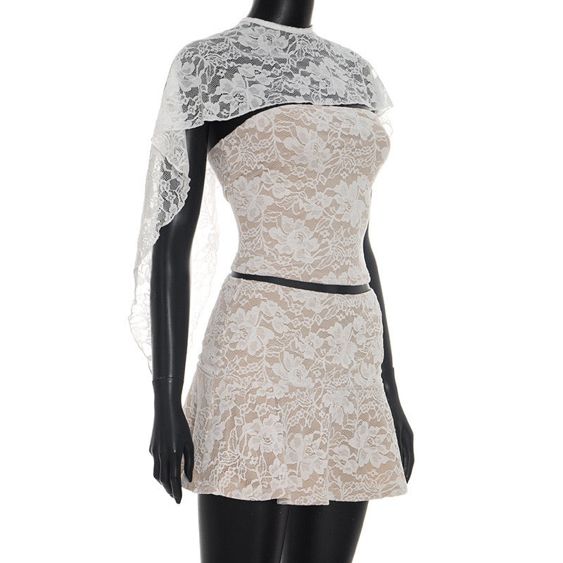 Two-piece set with a strapless top and lace mini skirt with a cover-up – Shaina