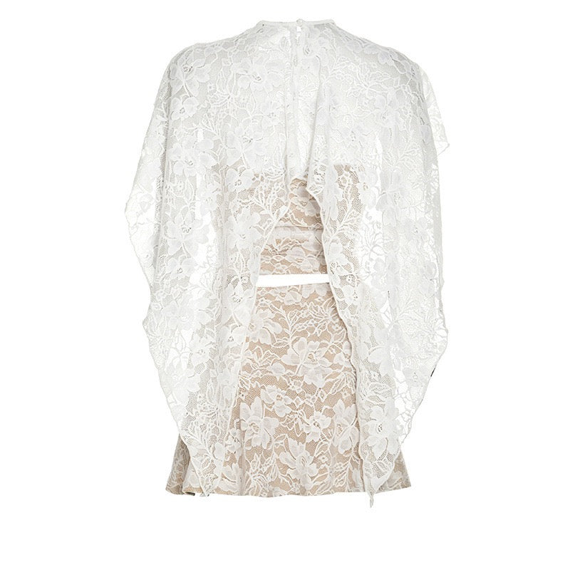 Two-piece set with a strapless top and lace mini skirt with a cover-up – Shaina
