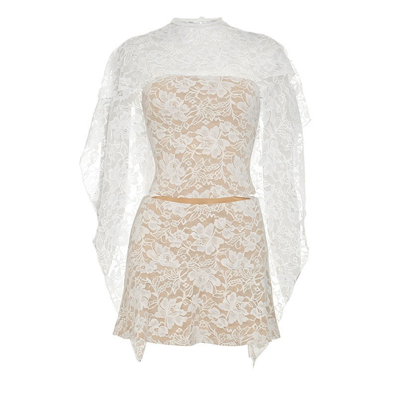 Two-piece set with a strapless top and lace mini skirt with a cover-up – Shaina