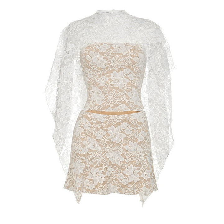 Two-piece set with a strapless top and lace mini skirt with a cover-up – Shaina