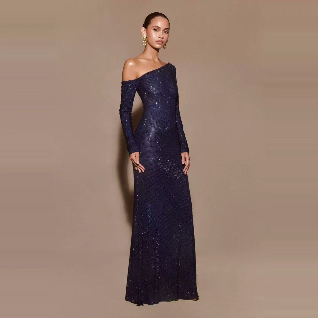 Maxi Evening Dress with Off-Shoulder and Shiny Rhinestone Design - Sierra