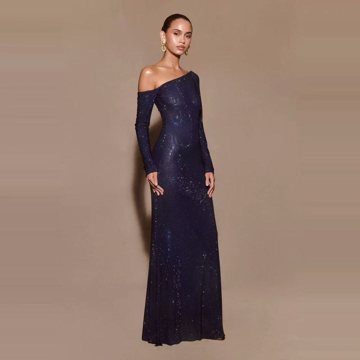Maxi Evening Dress with Off-Shoulder and Shiny Rhinestone Design - Sierra