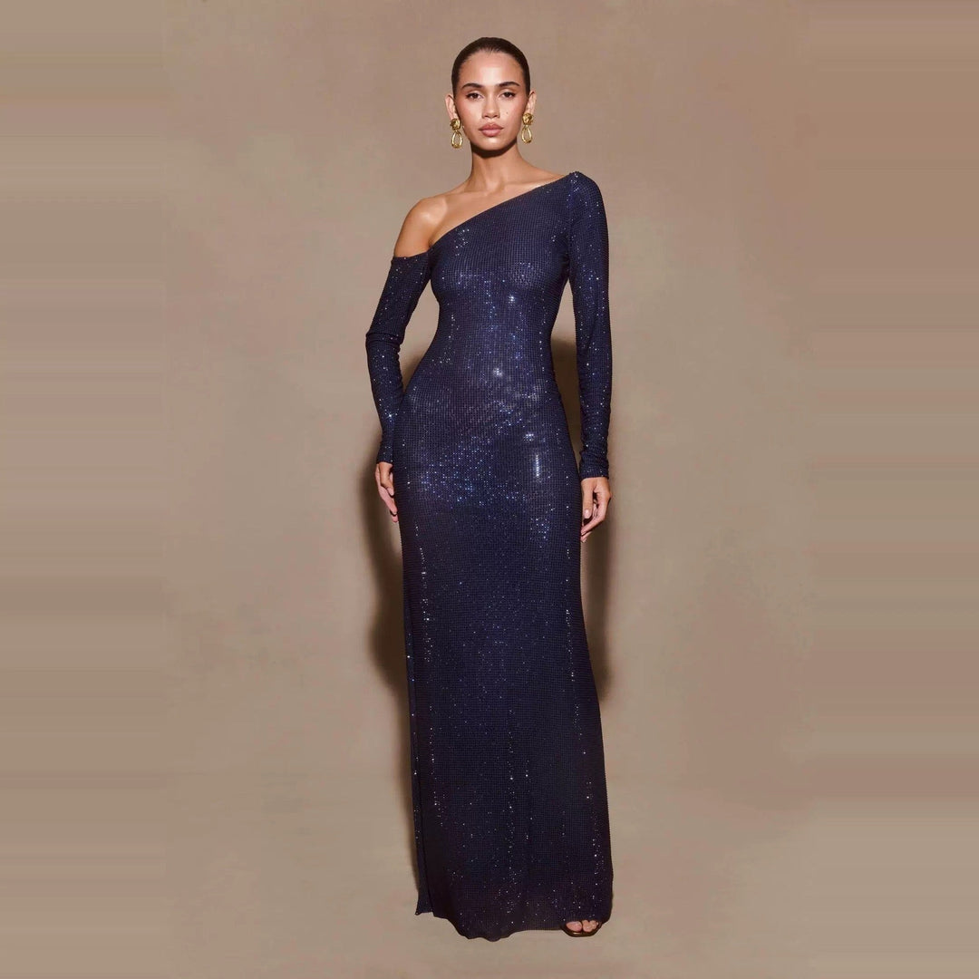 Maxi Evening Dress with Off-Shoulder and Shiny Rhinestone Design - Sierra