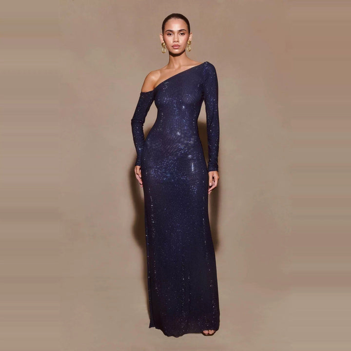 Maxi Evening Dress with Off-Shoulder and Shiny Rhinestone Design - Sierra