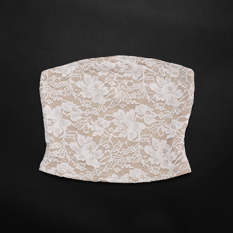 Two-piece set with a strapless top and lace mini skirt with a cover-up – Shaina