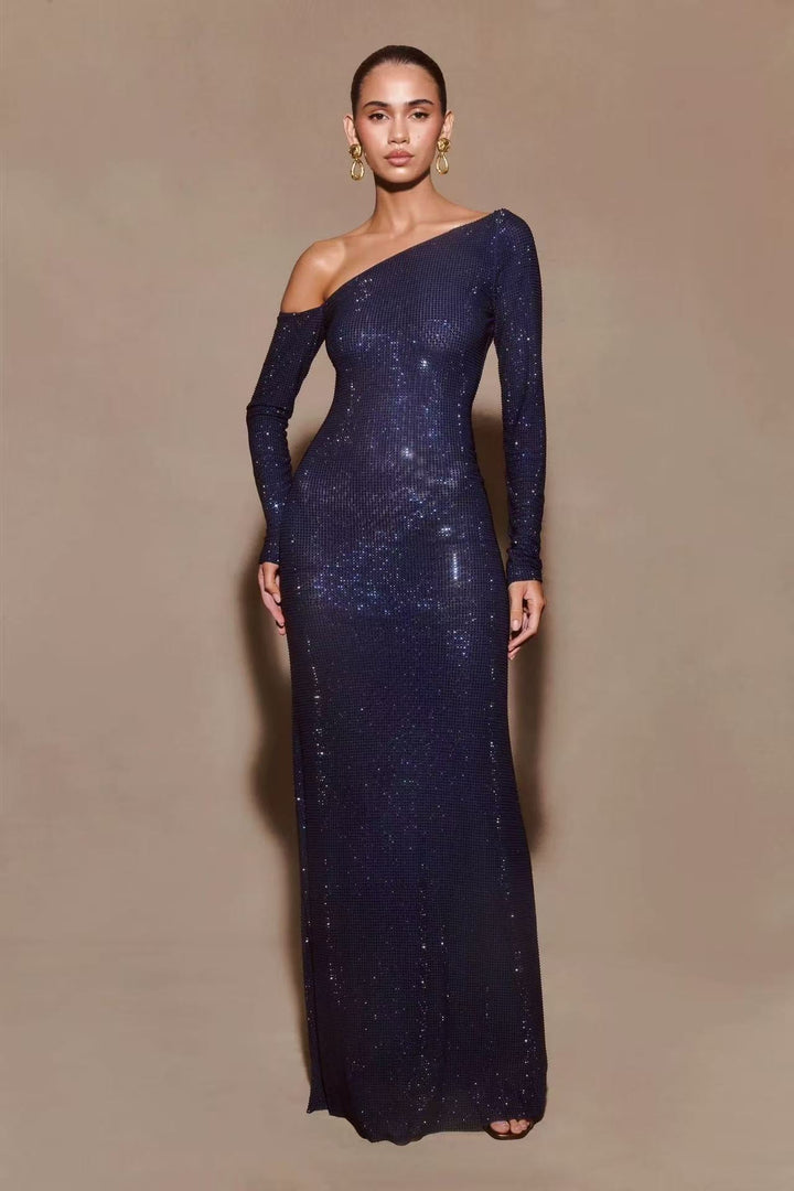 Maxi Evening Dress with Off-Shoulder and Shiny Rhinestone Design - Sierra