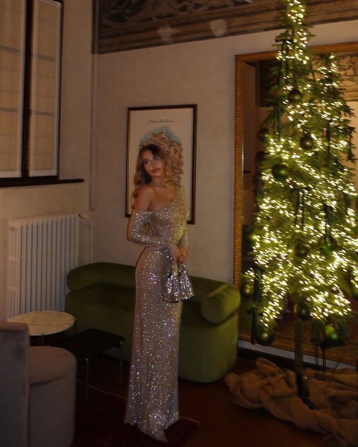 Maxi Evening Dress with Off-Shoulder and Shiny Rhinestone Design - Sierra