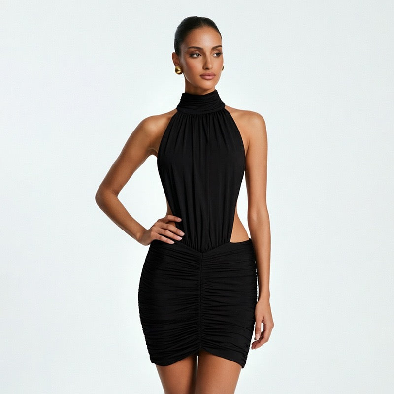 Fitted ruched mini dress with an open back – HILI