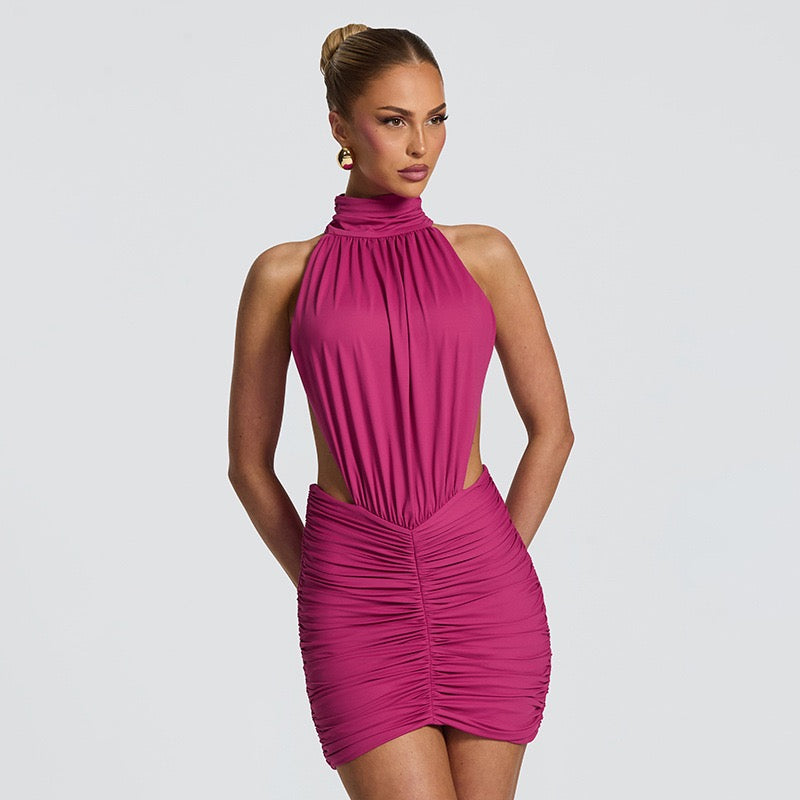 Fitted ruched mini dress with an open back – HILI