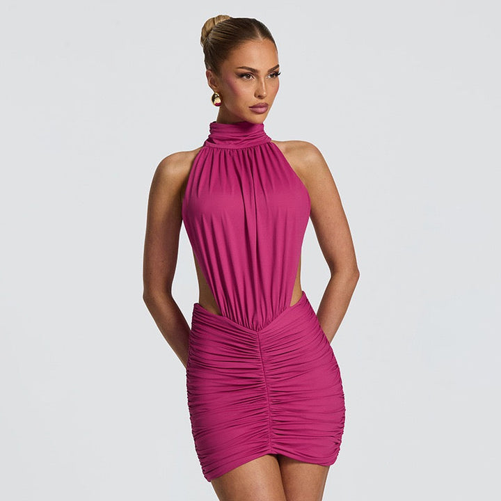 Fitted ruched mini dress with an open back – HILI
