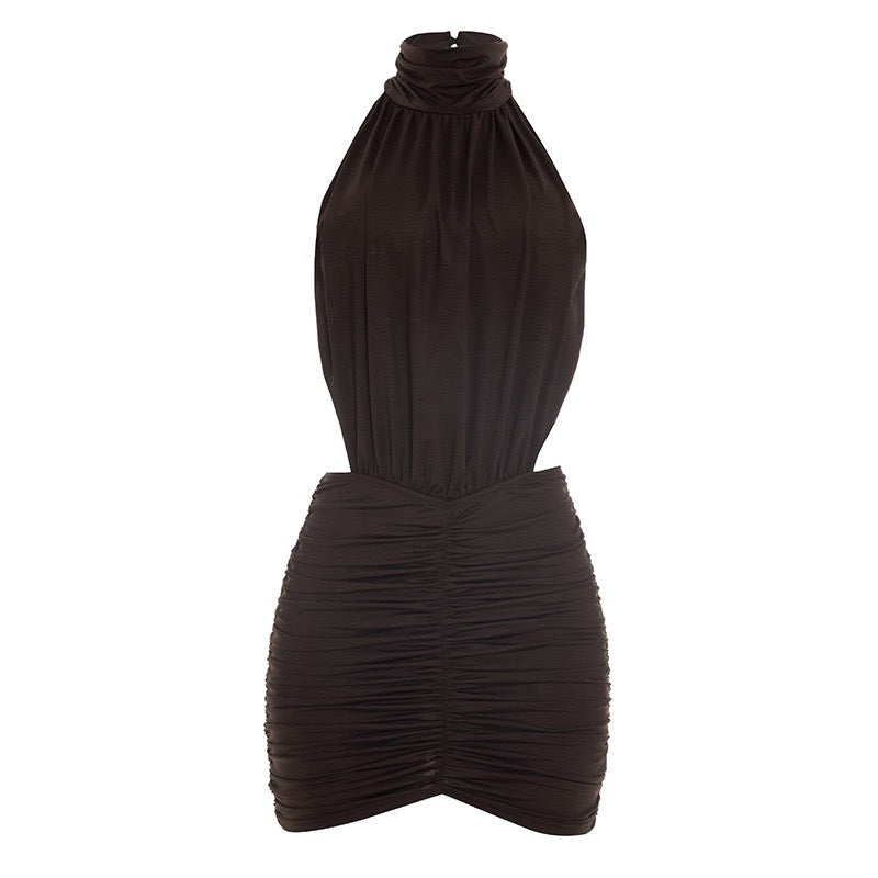 Fitted ruched mini dress with an open back – HILI