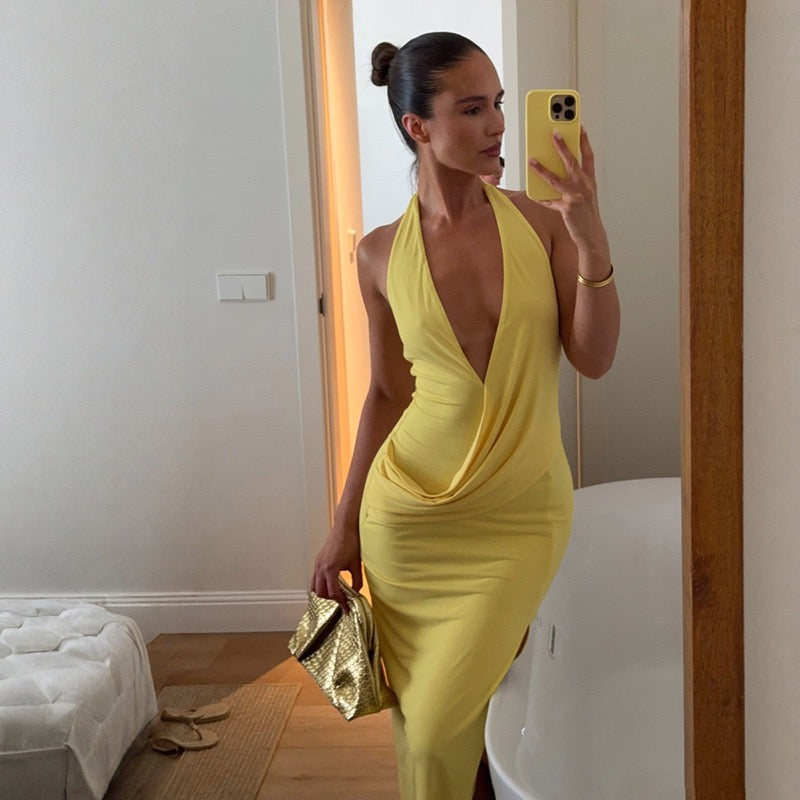 Maxi dress with a slit, pleats, neck tie, and open back – Penelope