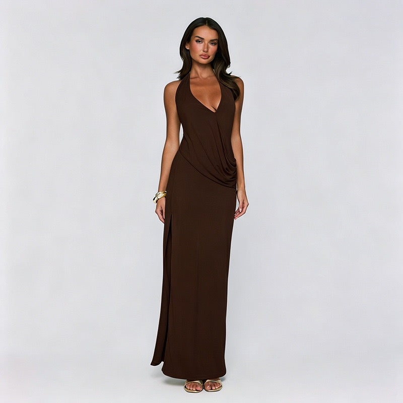 Maxi dress with a slit, pleats, neck tie, and open back – Penelope