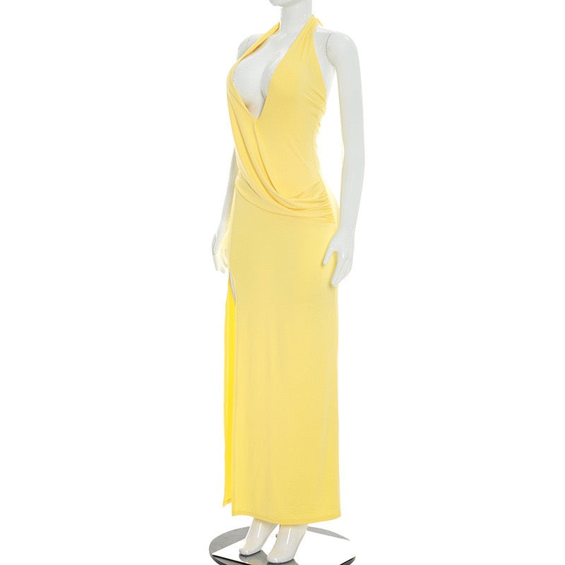 Maxi dress with a slit, pleats, neck tie, and open back – Penelope