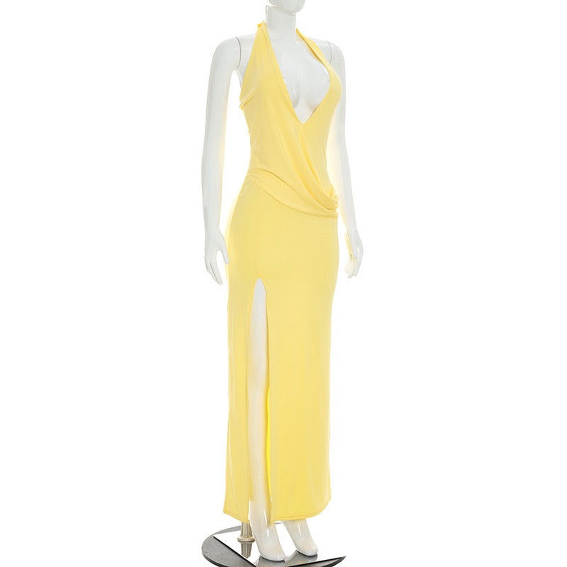 Maxi dress with a slit, pleats, neck tie, and open back – Penelope