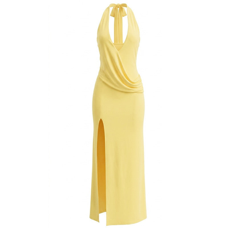 Maxi dress with a slit, pleats, neck tie, and open back – Penelope