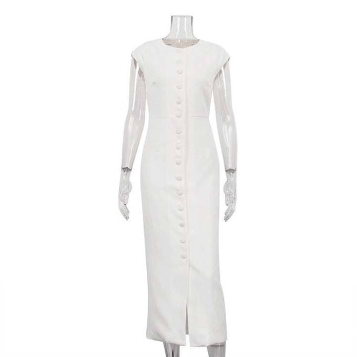 Elegant midi dress with button embellishments – Anava