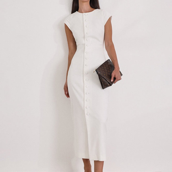 Elegant midi dress with button embellishments – Anava