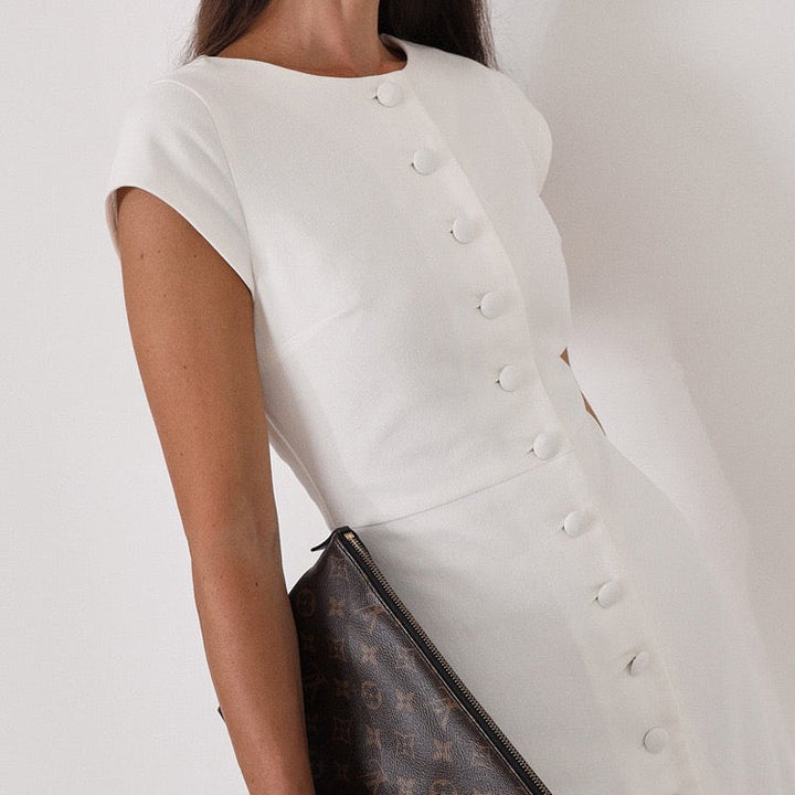 Elegant midi dress with button embellishments – Anava