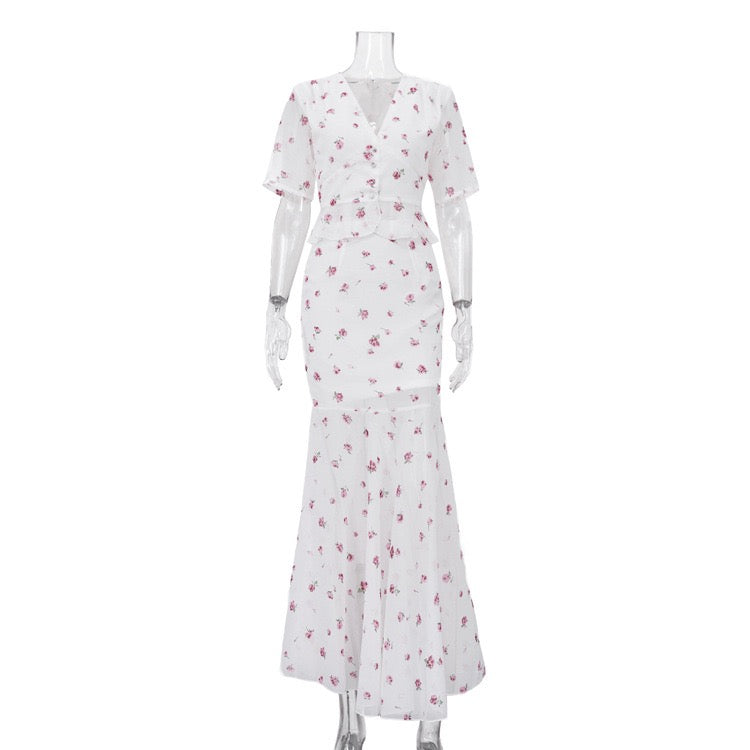 Floral chiffon two-piece set with a maxi skirt and button-down shirt – GILIA