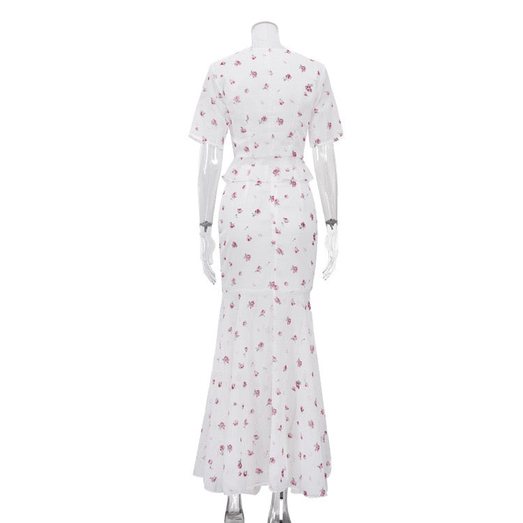Floral chiffon two-piece set with a maxi skirt and button-down shirt – GILIA