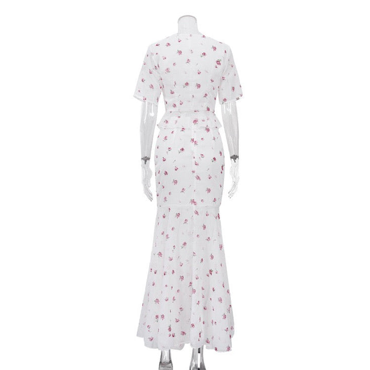 Floral chiffon two-piece set with a maxi skirt and button-down shirt – GILIA