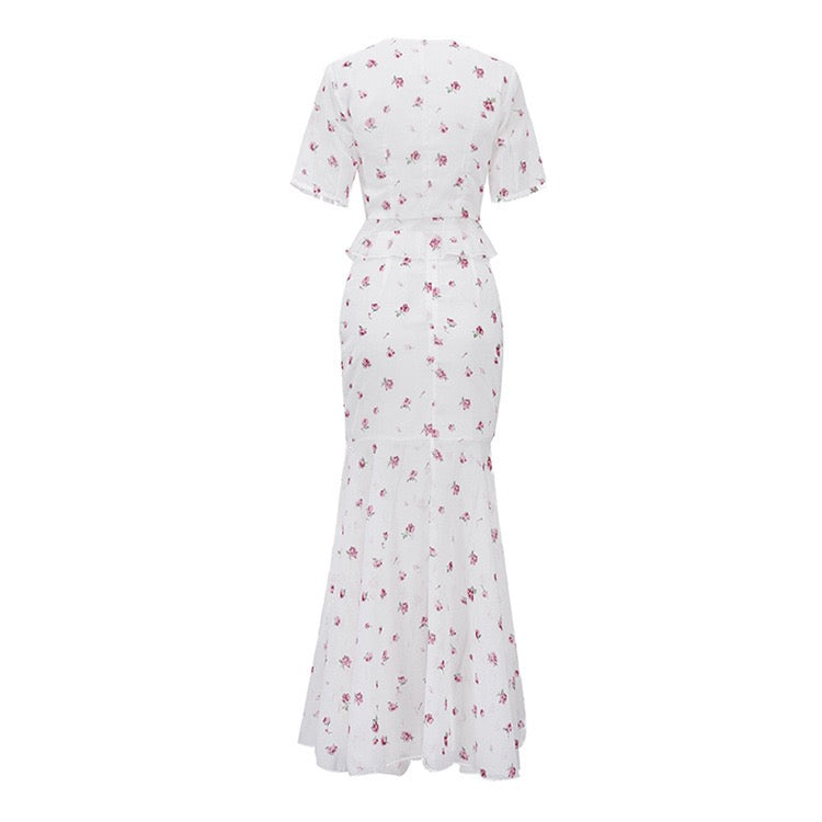 Floral chiffon two-piece set with a maxi skirt and button-down shirt – GILIA