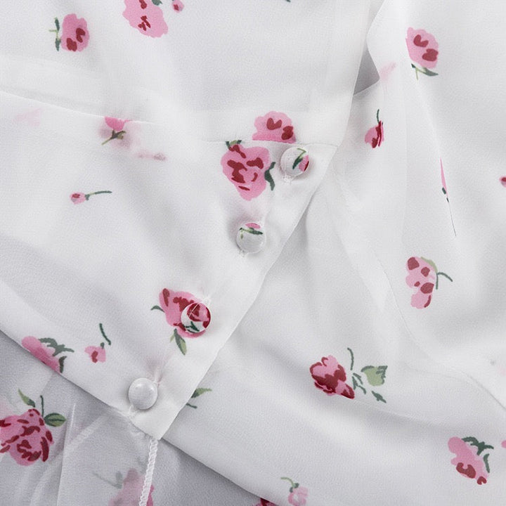 Floral chiffon two-piece set with a maxi skirt and button-down shirt – GILIA