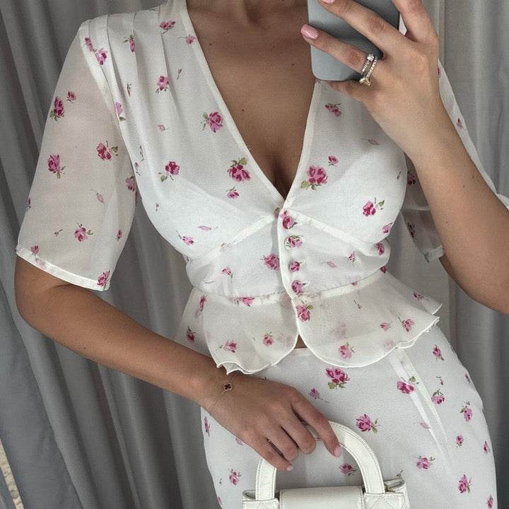 Floral chiffon two-piece set with a maxi skirt and button-down shirt – GILIA