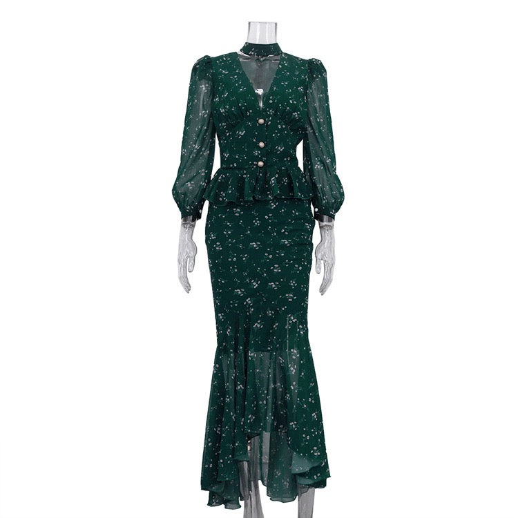 Floral chiffon two-piece set with a maxi skirt and button-down shirt – MAOR