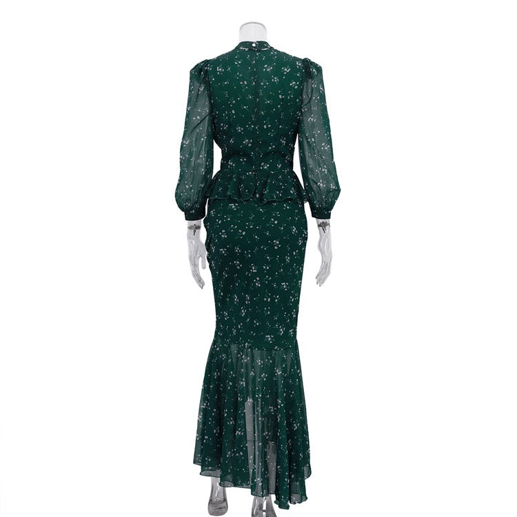 Floral chiffon two-piece set with a maxi skirt and button-down shirt – MAOR