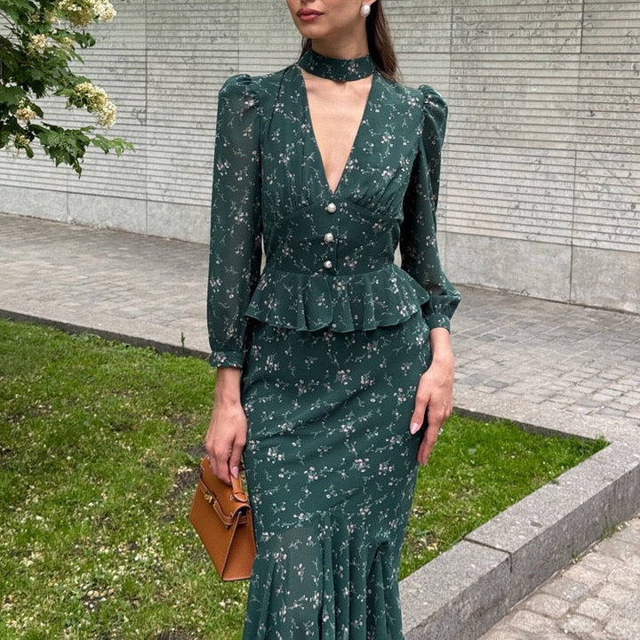 Floral chiffon two-piece set with a maxi skirt and button-down shirt – MAOR