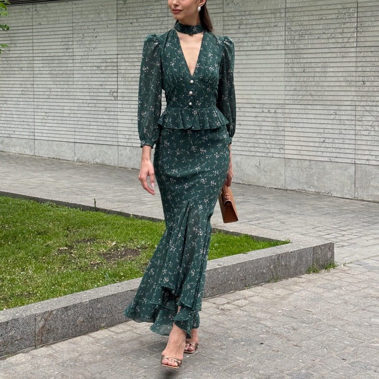 Floral chiffon two-piece set with a maxi skirt and button-down shirt – MAOR