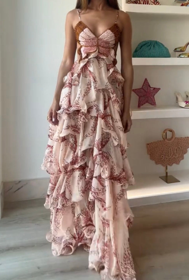 Tiered ruffled maxi dress with sequin and bead embellishments, back tie, and open back - Mariposa