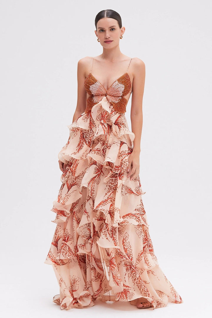 Tiered ruffled maxi dress with sequin and bead embellishments, back tie, and open back - Mariposa