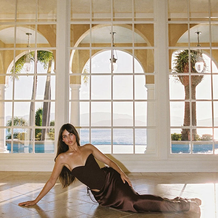 Strapless satin maxi dress with bodysuit corset design - Ariel