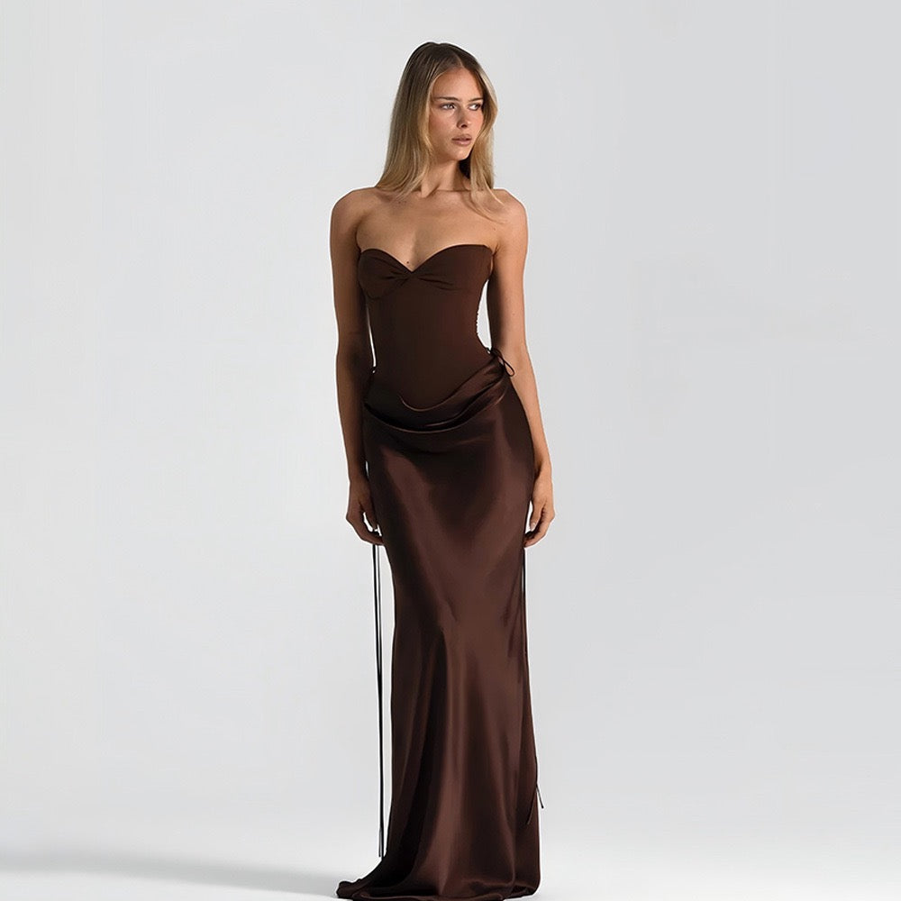 Strapless satin maxi dress with bodysuit corset design - Ariel