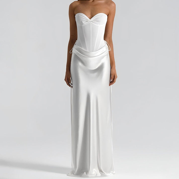 Strapless satin maxi dress with bodysuit corset design - Ariel