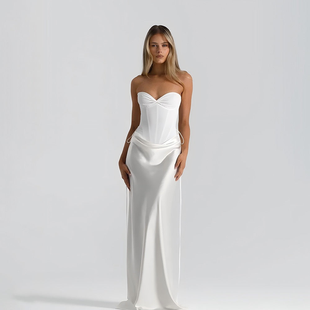 Strapless satin maxi dress with bodysuit corset design - Ariel