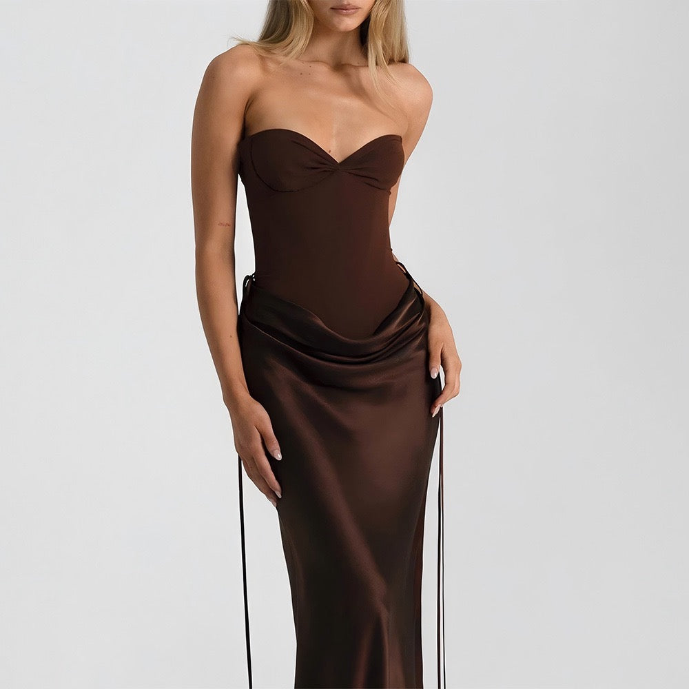 Strapless satin maxi dress with bodysuit corset design - Ariel