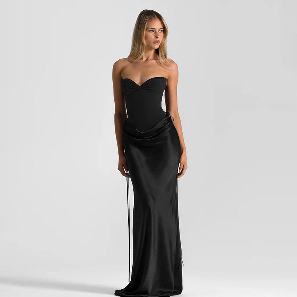 Strapless satin maxi dress with bodysuit corset design - Ariel